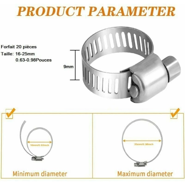 20 st justerbara slangklämmor, 16-25 mm, 304 rostfritt stål, slangklämma i metall, för rör, gas i hemmet, vattenrör i familjen, kabel,