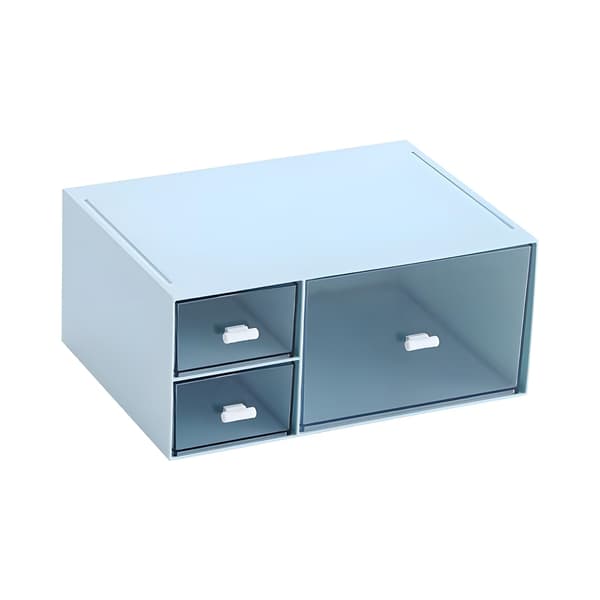 Blue Stackable Storage Drawers 3-Tier Set, Plastic Desk Organizer with 1 Deep Layer for Stationery, Makeup, and Office Supplies, Spac Bule