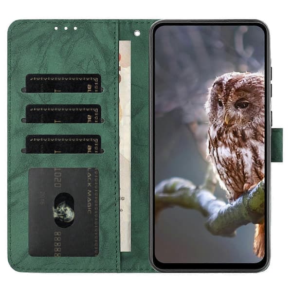 Fodral för Samsung Galaxy A56 5G, Uggla Präglat PU-läder Plånboksfodral med Handledsrem - Grön Green