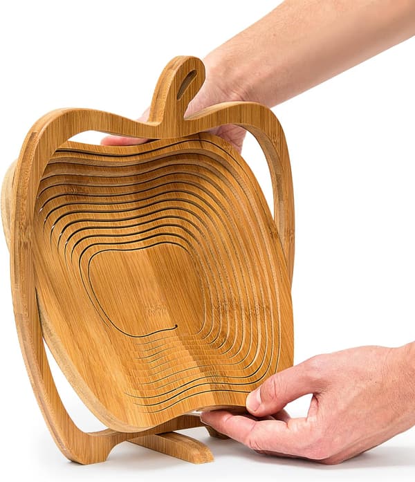 Sammenleggbar epleformet kurv: Sammenleggbar fruktskålholder i bambus med epledesign, naturlig brun