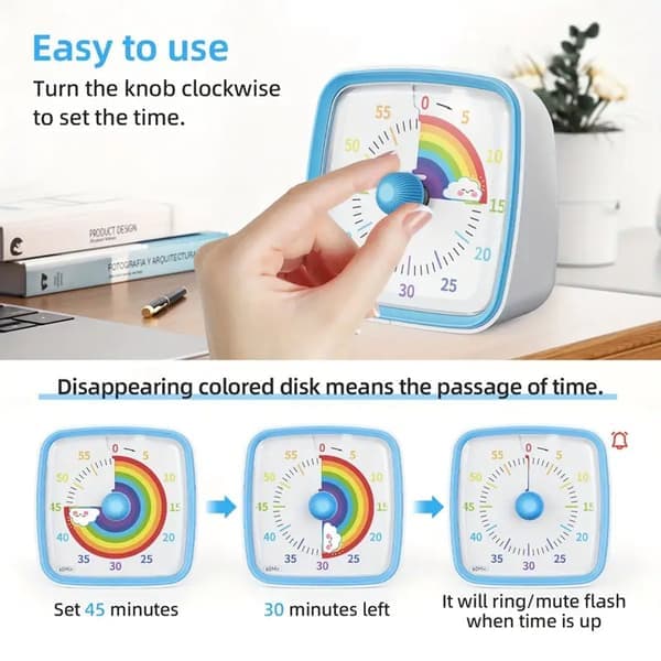 Kitchen Timer - Timer for Kids - Visual Timer - Learning Timer - Mini 60 Minute Countdown - With Night Light - Plastic Construction - Home - Office Use