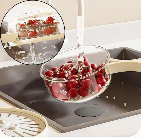 Brown 2-in-1 Fruit Washer & Colander Basket with Lid - 2026 Foldable Handle Drain Container & Refrigerator Storage Box
