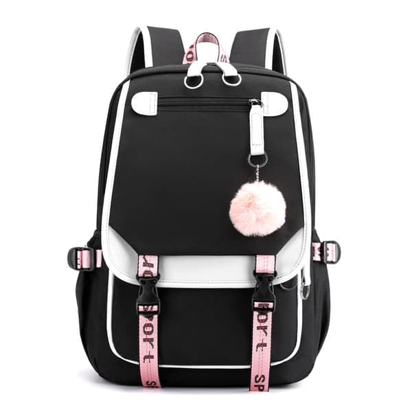 School Bag Large Capacity Backpack Multi-layer Shoulder Bag - Black with White
