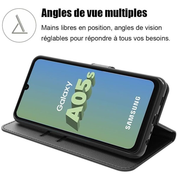 Fodral + 2 härdade glasögon för Samsung Galaxy A05s - Stötsäker i svart PU-läder (ej för A05) Svart
