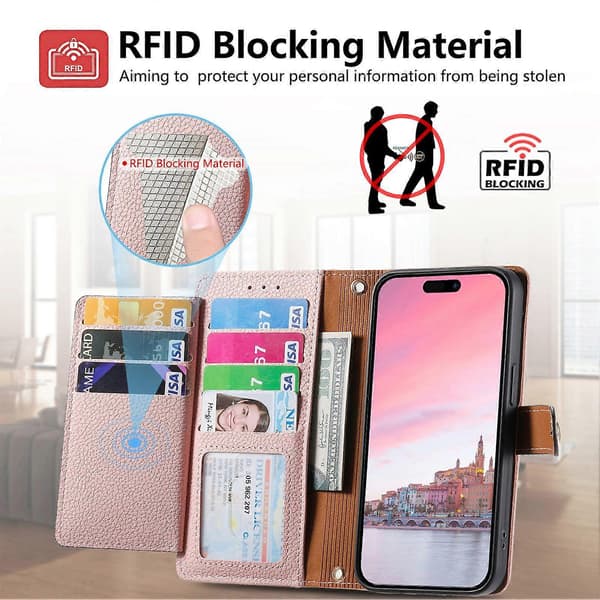 iPhone 16 Pro Håndtaske Etui: Pink Flip Wallet med Lynlåslomme & Kortpladser
