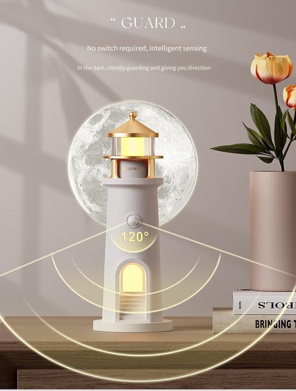 Moonlight Lighthouse Night Light with Bluetooth Speaker Remote Control LED Mood Light and Moon Projection 242mm High.