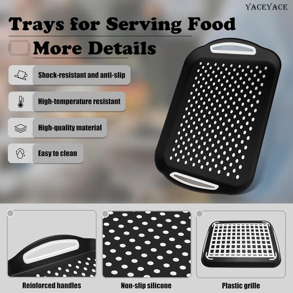 Matbrickor, serveringsbrickor set, 2-pack svarta matbrickor - halkfria, silikonprickar, serveringsbrickor för mat, dryck, frukt, dessert