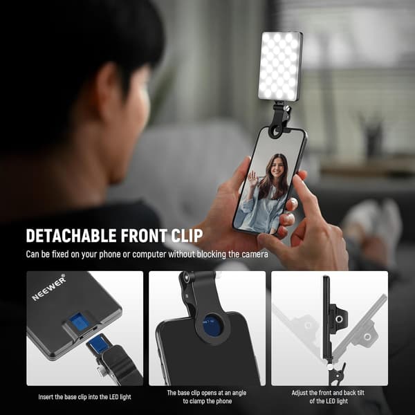 Selfie-lys til telefon med front- og bagklips, 60 LED 2000mAh genopladelig CRI95+, 3 tilstande, bærbar klips-på fyldlys til tablet, computer, bærbar computer