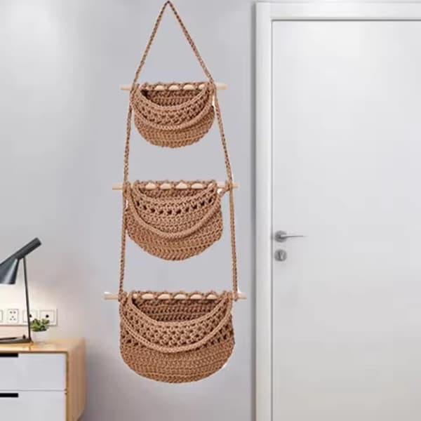 Practical Cotton Rope Fruit Basket, Simple and Stylish, Three-Layer Storage Bag, Handmade Fruit Net Pocket for Living Room (Beige)
