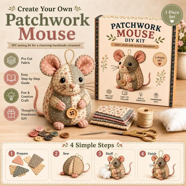 Patchwork Mus DIY-sæt, Håndlavet Syhåndværkssæt, Sød Musepynt DIY-sæt, med Blomstret Stof, Fyld, Knapper, til Voksne, Begyndere