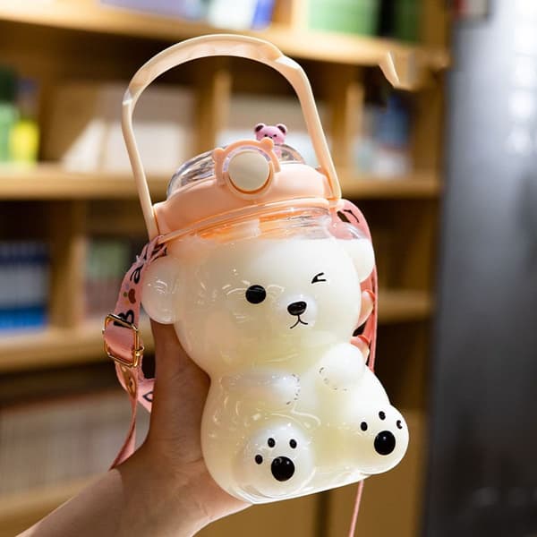 Kawaii björn sugrörsflaska, söta vattenflaskor rosa KLB