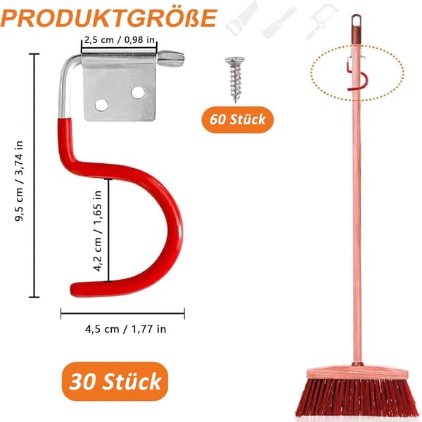 Garden Tool Holder Metal Hooks, 30 Pieces Red Wall Hooks, Tool Holder Hooks, Garage Storage Hooks, with 60 Pieces Screws, Garage Organizer 30 Stück