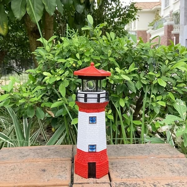 Solar-Powered Rotating Lighthouse LED Landscape Lamp - 360° Swivel Red & White Resin Statue with Illuminated Path Lighting, Durable Garden [YJD]