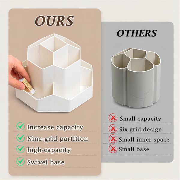 360° Rotating Pen Holder, 9 Compartment Pen Holder, Swivel Pen Holder Desk Organizer, Makeup Brush Organizer Rotating Storage Box for Office