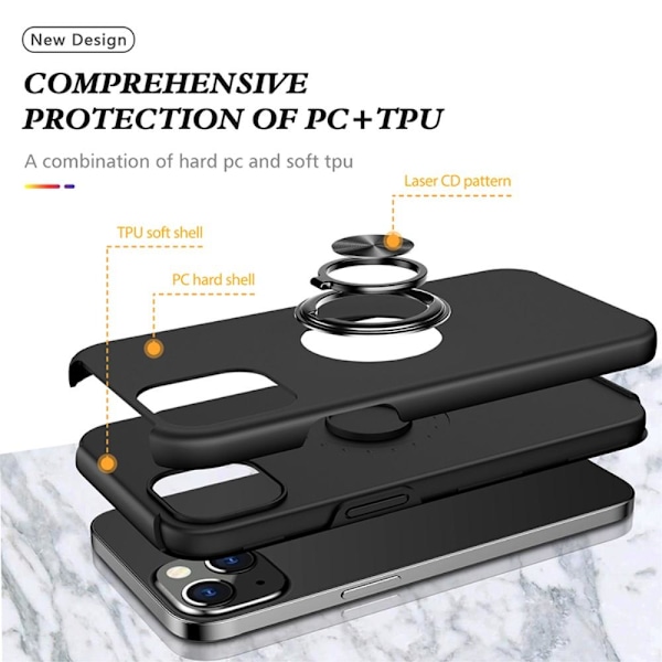 Till iPhone 15 Plus Hybrid skal med Finger Ring - Svart Svart