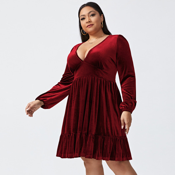 Plus Size Sammetsklänning för Kvinnor V-Ringad Wrap Långärmad Glänsande Cocktailfestklänningar Volang A-Linje Swing Kort Klänning