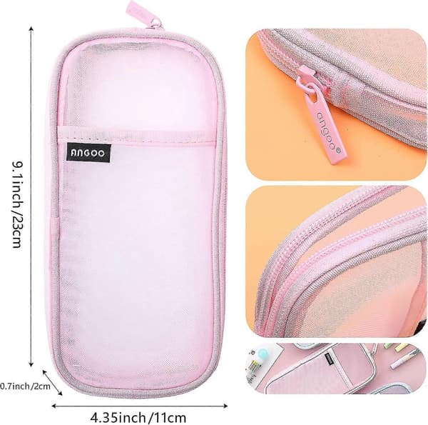 Transparent mesh pencil case, stationery storage bag with zipper, transparent pencil case for school students (pink)