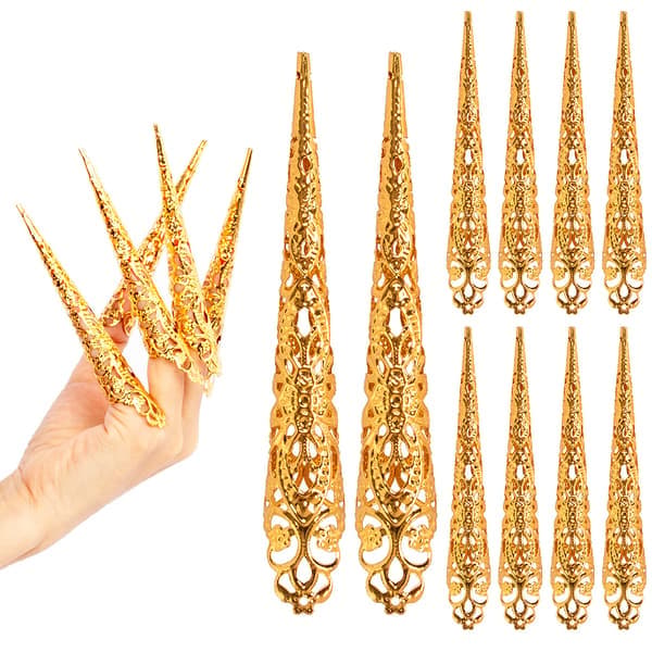 Nagelspetsar, kloformade ringar, knogskydd, Halloween cosplay, dans, guld.