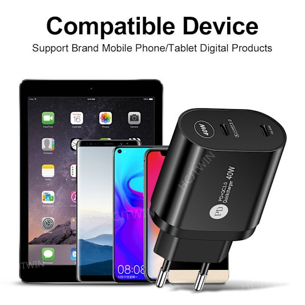 Dubbel PD Standard 40W Snabbladdare Mobiltelefonladdare Typ-c PD Dubbel Port Flashladdning Reseladdare