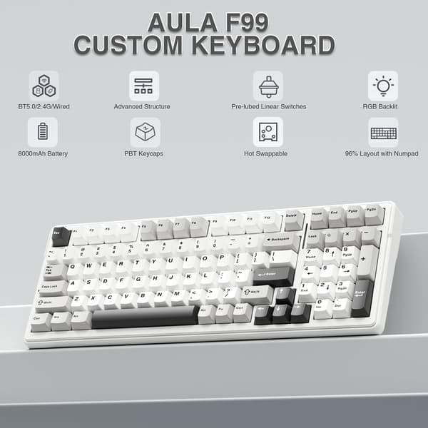 AULA F99 Wireless Mechanical Gaming Keyboard, Bluetooth/2.4 GHz/USB-C Tri-mode, Hot-Swap, RGB Backlight, PC/Tablet/PS/Xbox, Light Grey