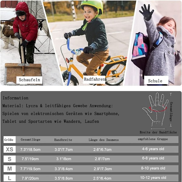 Vinter Varma Löparhandskar för Barn - Kallväder Varma Cykel Snö Skidåkning Svarta Handskar 4-12 År Pojkar Flickor