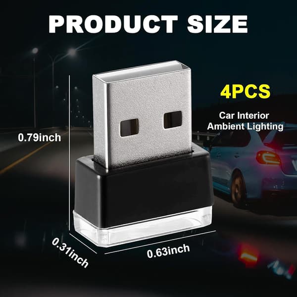 4 pcs USB LED Car Interior Lights, Portable Mini LED Night Light, Plug-in USB Interface Trunk Lighting Kit (Red)
