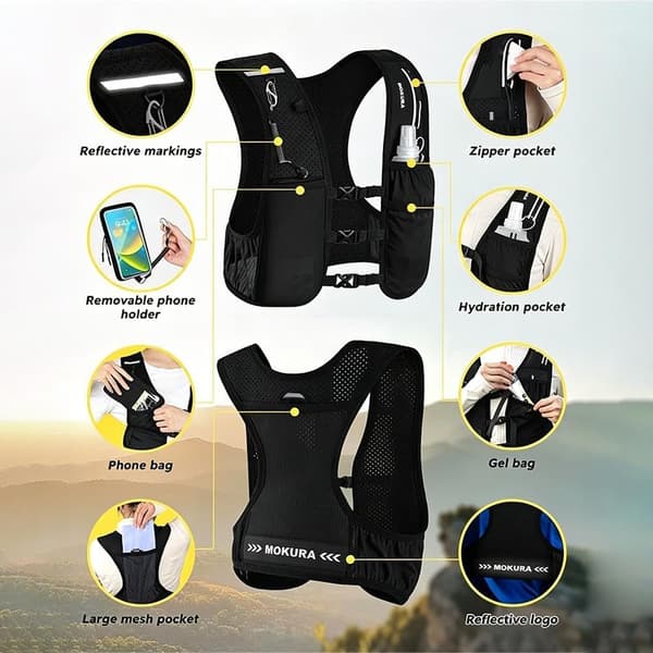 Unisex Running Vest, Adjustable Chest Straps, Hydration Backpack with 500ml Soft Flask - Lightweight Reflective for Marathon, Touchscreen-Friendly Phone Pocket black