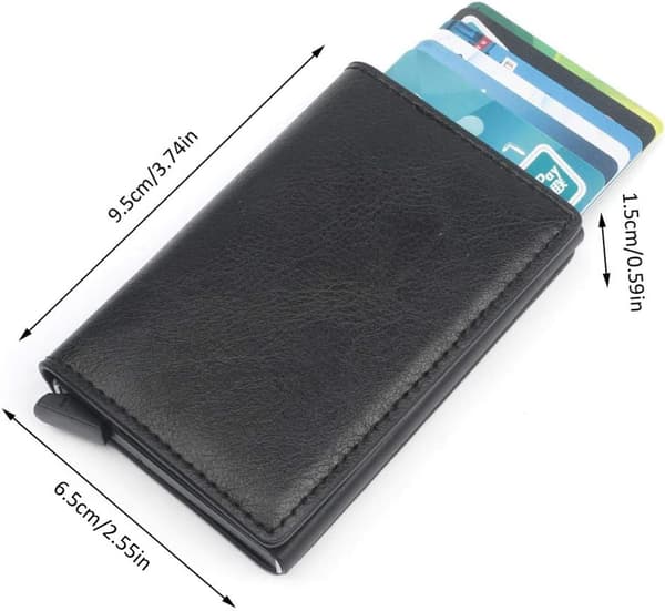 Minimalist Leather Wallet for Men with Clip, RFID Blocking and Automatic Aluminum Card Holder - Black
