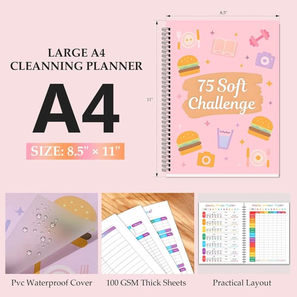 75 Soft Challenge Journal – Redigerbar 75 Dages Soft Challenge Bog til Kvinder med Daglig Planlægger, Regnbuesider & Wellness Trackere