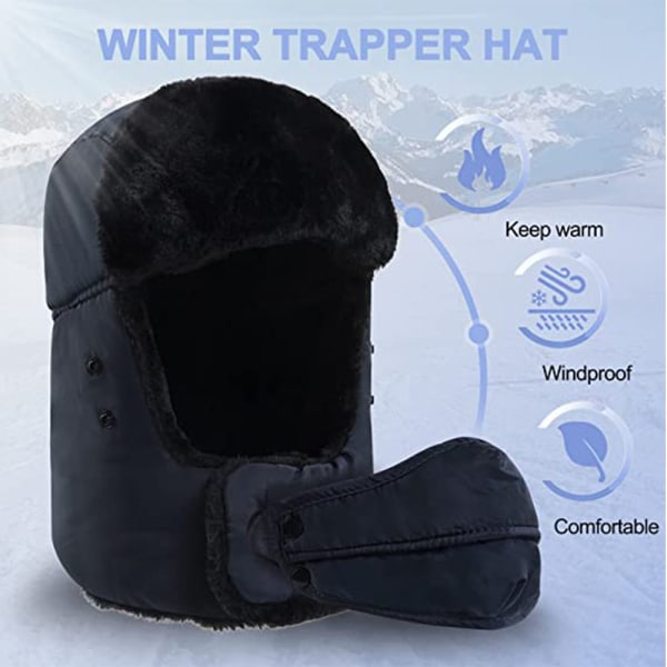 Trapper Hat, Vintervarma Trooper-hattar med öronlappar och mask, Bomberhatt för män/kvinnor Svart
