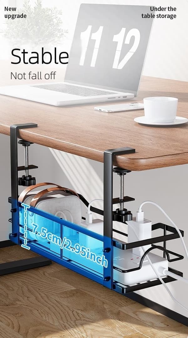 Under-Desk Storage Shelf with Hanging Rack - Drill-Free Carbon Steel Organizer for Office and Kitchen, Space-Saving and Portable