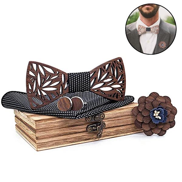 Klassisk handgjord träfluga näsduk manschettknappar brosch set herr bröllop trä fluga accessoarer presentask slips blå