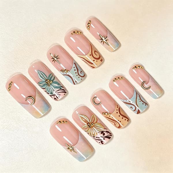 French manicure stickers, medium square 3D flowers false nails, retro style, reusable, suitable for women.