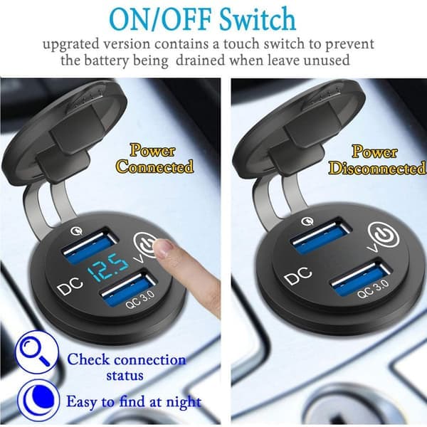 Quick Charge 3.0 Dobbelt Oplader med LED Voltmeter til Bil, Båd, Lastbil, Golfvogn, Autocamper osv.