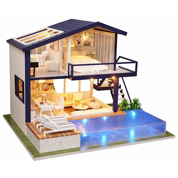 Trähus miniatyr montering dekorativ prydnad dockhus för barn barn (utan dammskydd)