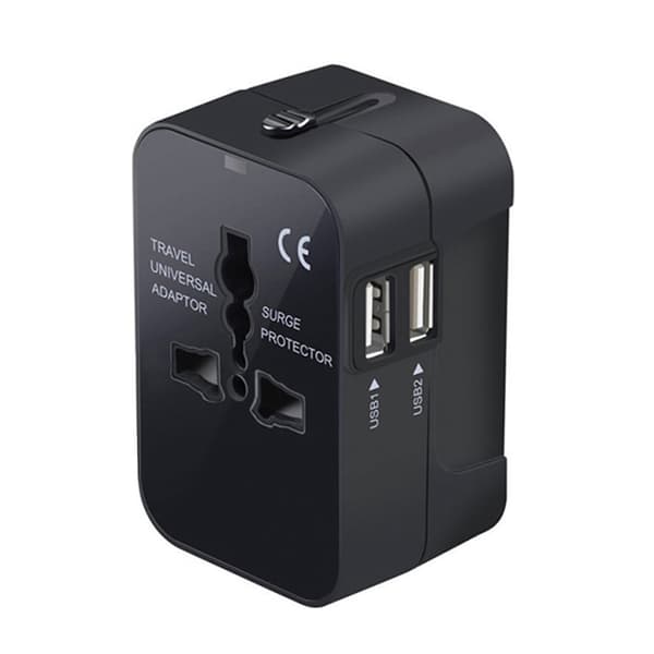 Universal reiseadapter med doble USB 2.1A-uttak og multifunksjonskontaktomformer Svart Black