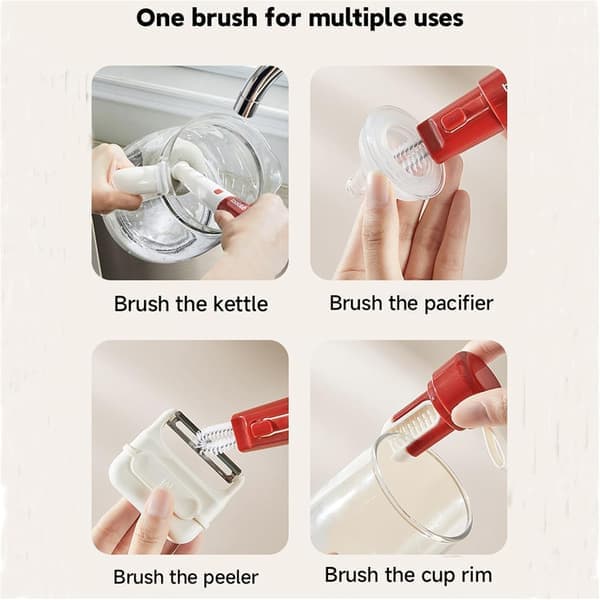 3-in-1 Bottle & Cup Cleaning Brush Set - Long Handle with 2 Replacement Heads for Straws & Tight Spaces (Red)