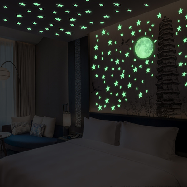 Glow in the Dark Stars för tak, lysande stjärnor och månväggdekal