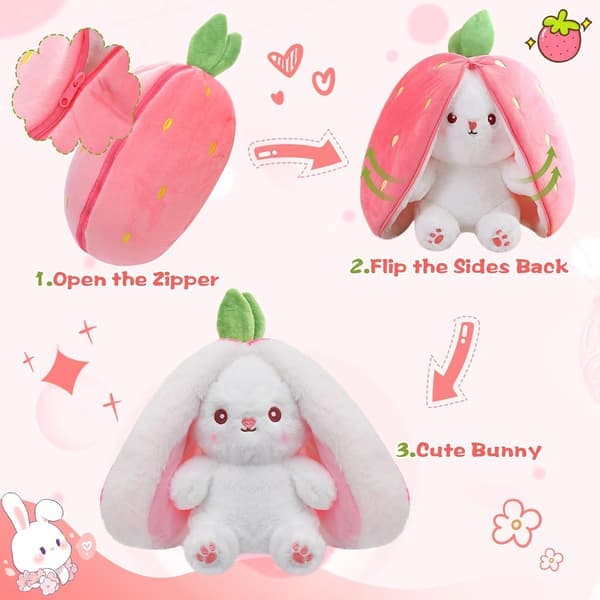 Rabbit Plush Reversible Hugging Rabbit Plush, Christmas Strawberry Rabbit Transformed Rabbit Plush Zipper, Transforms Into Ear Rabbits Plush Toy