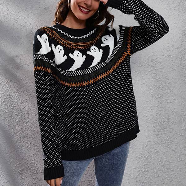 Svart M Halloween Ghost Sweater Halloween Retro Ghost Polka Dot Print Långärmad Crewneck Stickad Tröja för Kvinnor