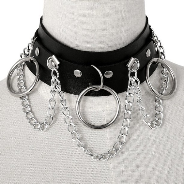 Läder Choker Metal Ring Chain Halsband, Justerbar Punk Collar Chain, Sexig mjuk PU Läder Choker Halsband - Svart