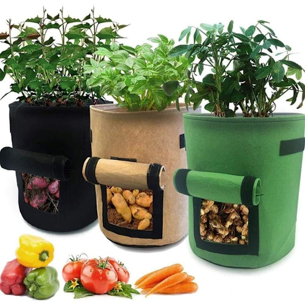 3-pack potatisodlingsväskor, trädgårdslådor, odlingsväskor för växter, säng, tomat, morot, grönsaksplanteringsbehållare med fönsterhandtag, flikbottenhål