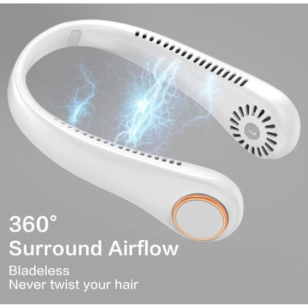 Mini bærbar halsventilator. Støjsvag, bladløs. 360° roterbar. Tre blæserhastigheder - hvid.