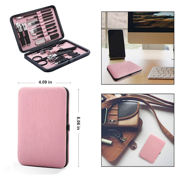 Manikyrset Professionell Nagelklippare Kit Pedikyrvård Verktyg- Rostfritt Stål Kvinnors Skötsel Kit 18 st för Resor eller Hem (Rosa)