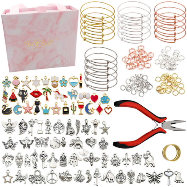 Bangle Armband Making Kit, 300 st Charm Armband Making Kit med Expanderbara Bangles, Färgglada Charms, Hoppringar och Tänger för DIY Smycken