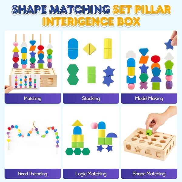 3-i-1 Montessori Wooden Toys String Beads & Stacking Blocks & Shape Sorter Toy Set STEM Preschool Educational Learning Fine Motor Skills