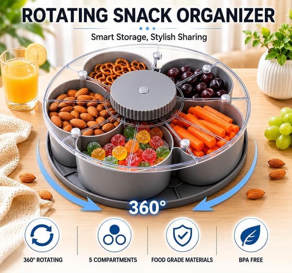 Delad serveringsbricka som snurrar, roterande Lazy Susan-organisatör, grå blommig design