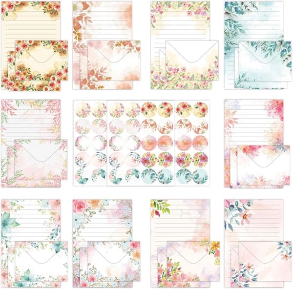 Stationery Set 160 Sheets 10 Designs 50 Writing Papers 50 Envelopes 60 Dotted Stickers 14x21 cm Floral Pattern