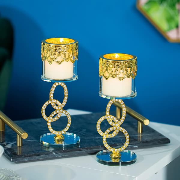 2 krystall- og jernlysestaker, med 3 ringer og rhinestones, naglede stengler, passer til telys og telys, 18,5 cm høy