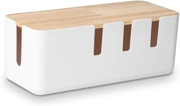 Kabelstyringsboks, 30,5x12,3x11,9 cm, trælåg, velegnet til skrivebords-tv, computer og USB-hub-systemer.